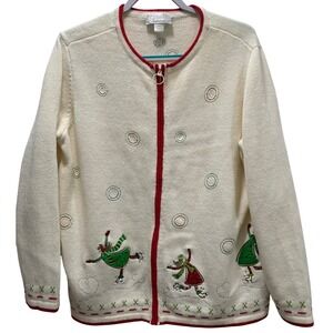 CJ Banks Women Cream Red Ice Skater Embroidered Zipper Front Sweater Cardigan 1X